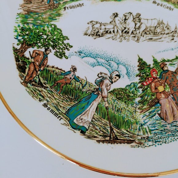 22K Gold Rim Collector Plate Pennsylvania German Folk Art 4 seasons prairie - Picture 4 of 7